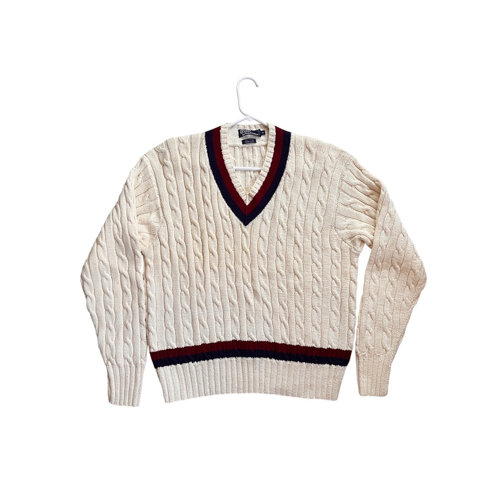 Polo Ralph Lauren Cricket Sweater Mens XL Cream Cable Hand Knit Cotton V-Neck